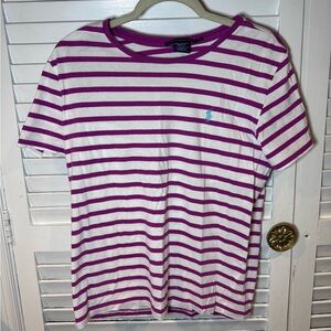 Ralph Lauren Sport Pink White Stripe Pony Logo Tee Shirt Women’s XL